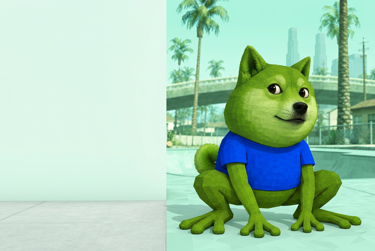 Green Pepe Doge in a blue shirt chilling in a sunny palm-lined skatepark